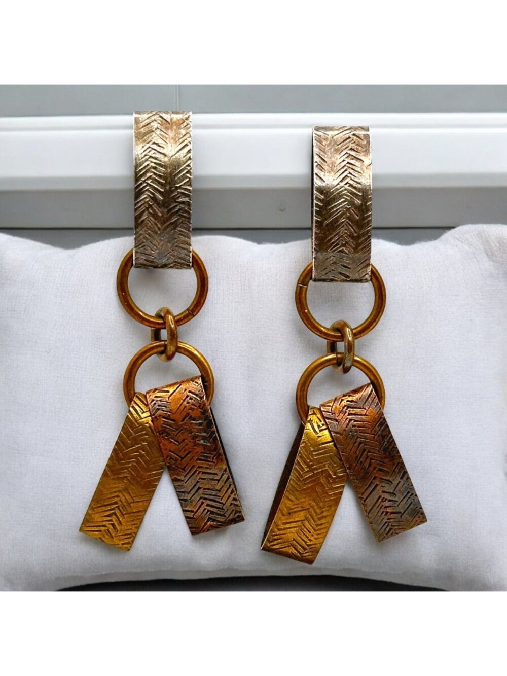Vintage MB SF Brass & Sterling Silver Loop Dangle Earrings With Chevron Pattern